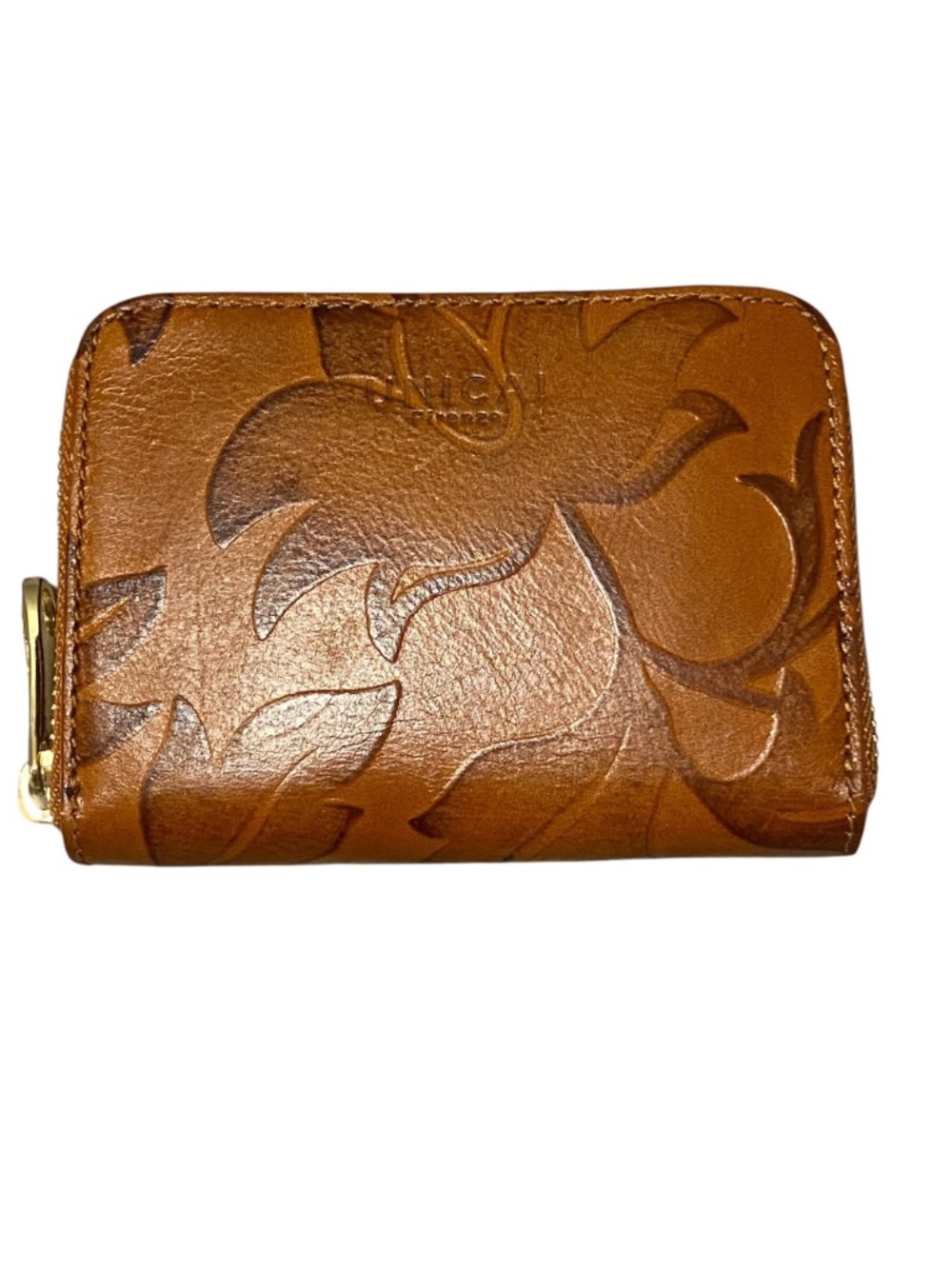 Leather floral embossed zip around Italian made wallet. Unica Firenze